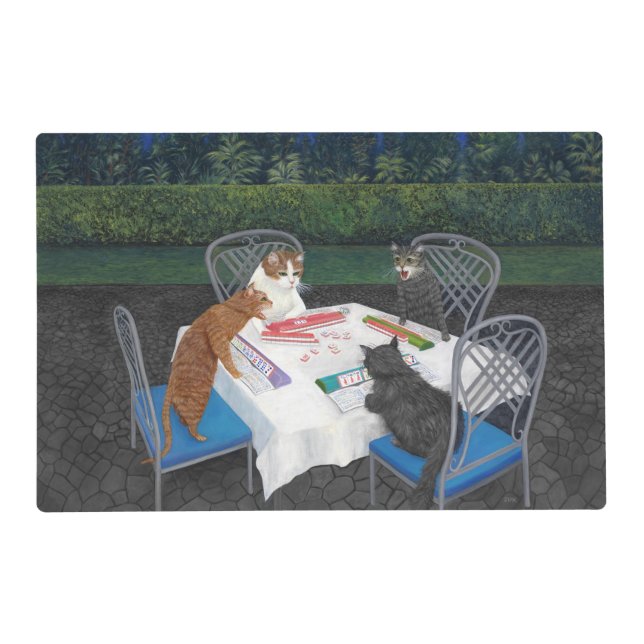 Cats Playing Mahjong Laminated Placemat (Front)
