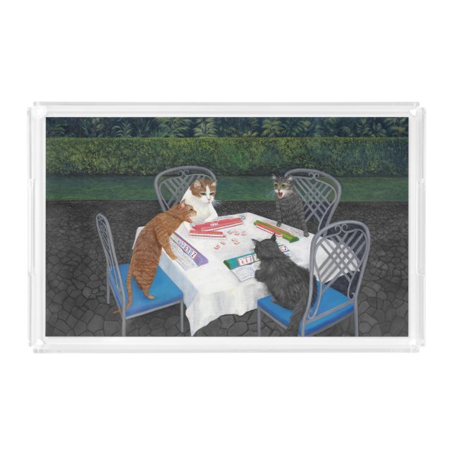 Cats Playing Mahjong Laminated Placemat Acrylic Tray (Front)