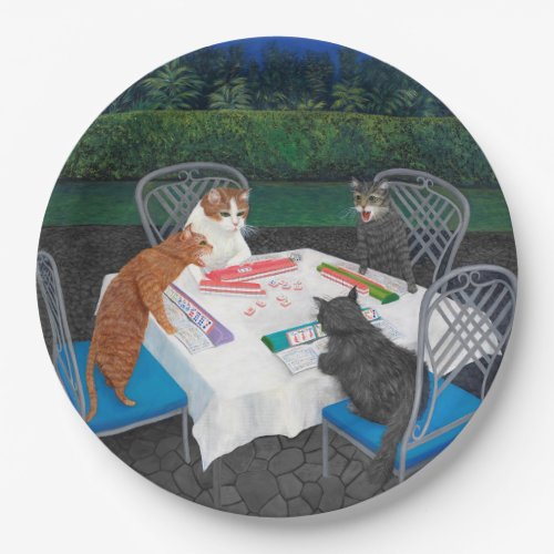 Cats Playing Mahjong Paper Plate