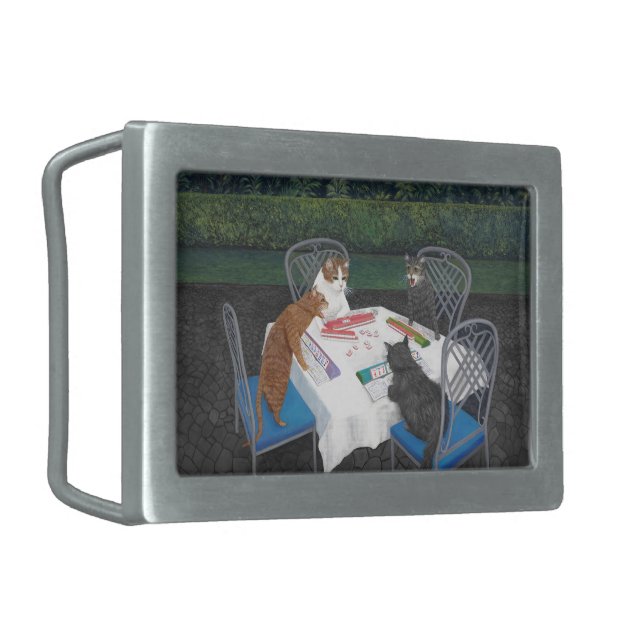 Cats Playing Mahjong Rectangular Belt Buckle (Front Left)