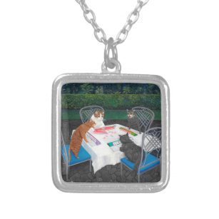 Cats Playing Mahjong Silver Plated Necklace