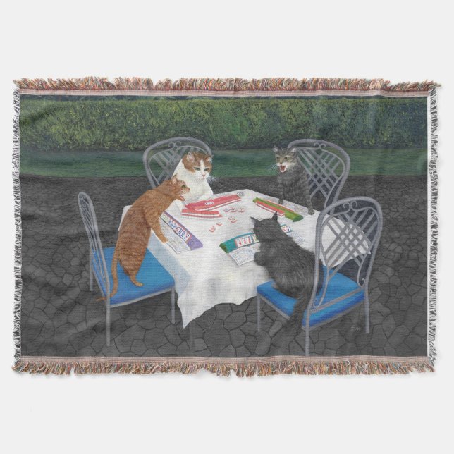 Cats Playing Mahjong Throw Blanket (Front)