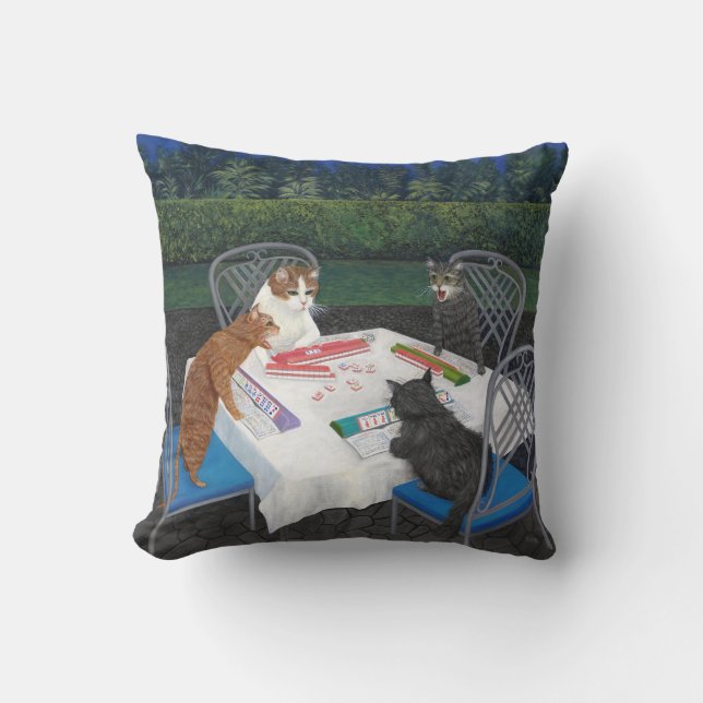 Cats Playing Mahjong Throw Pillow (Front)