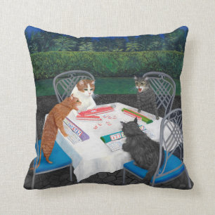 Cats Playing Mahjong Throw Pillow