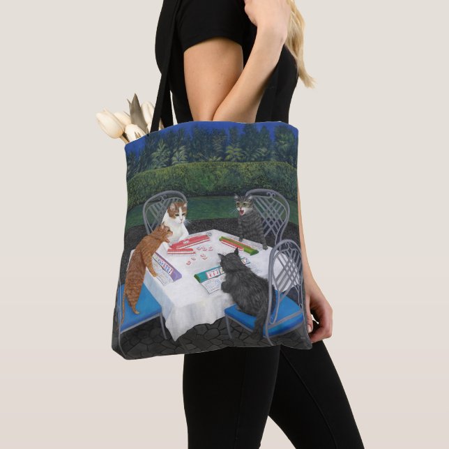Cats Playing Mahjong Tote Bag (Close Up)