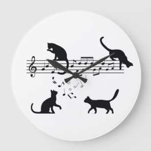 Cats Playing Music Notes Large Clock