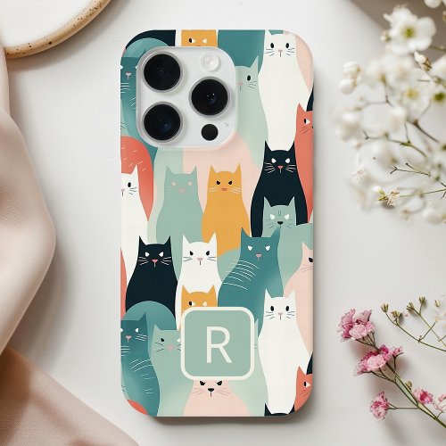 Cats Playing Neutral Pastel Pattern iPhone 15 Pro Case