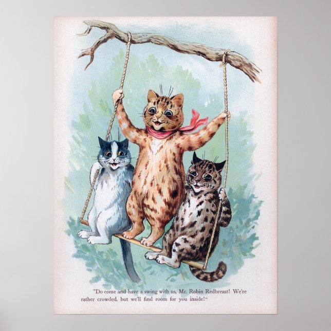 Cats Playing on a Swing, Louis Wain Poster (Front)
