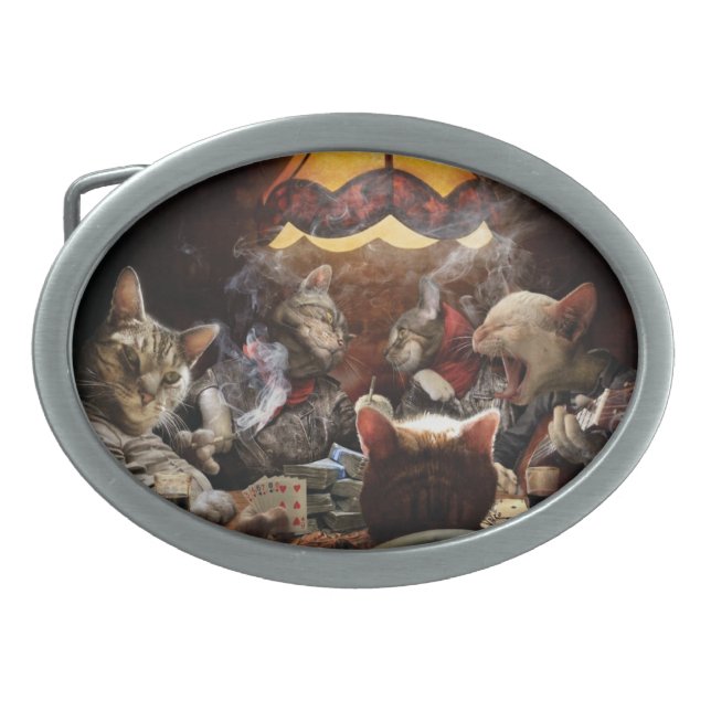 Cats playing poker  belt buckle (Front)