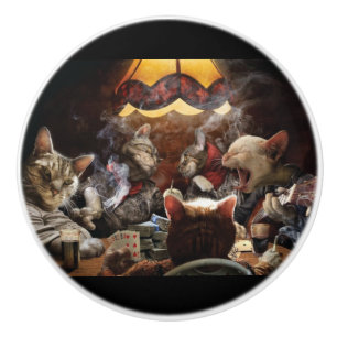 Cats playing poker ceramic knob