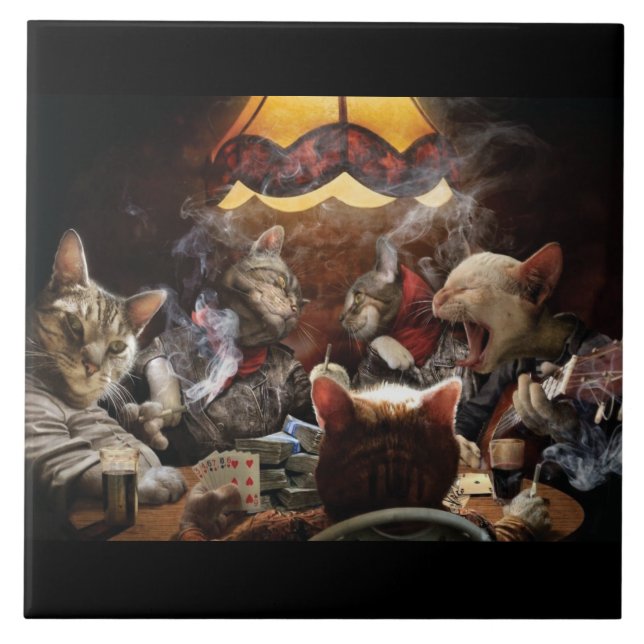 Cats playing poker   ceramic tile (Front)