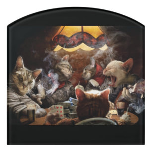 Cats playing poker   door sign