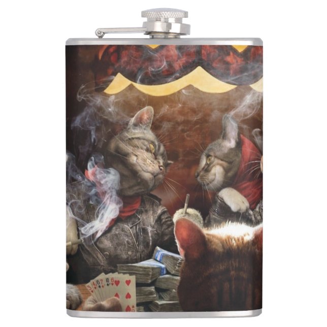 Cats playing poker flask (Front)