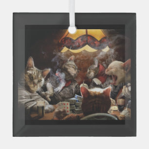Cats playing poker glass ornament