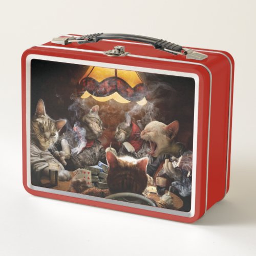 Cats playing poker metal lunch box