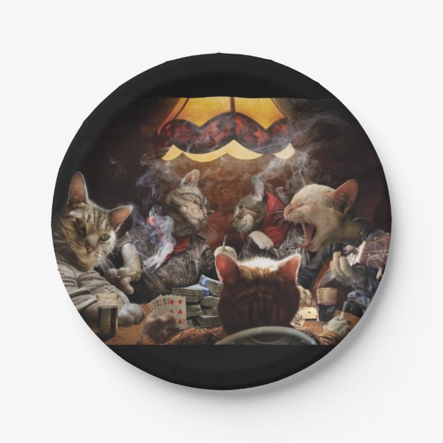 Cats playing poker   paper plates (Front)