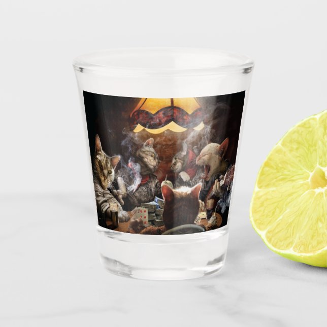 Cats playing poker  shot glass (Front)