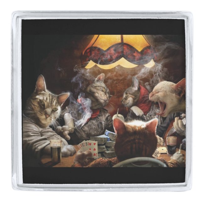 Cats playing poker   silver finish lapel pin (Front)