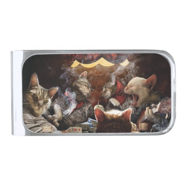 Cats playing poker   silver finish money clip (Front)