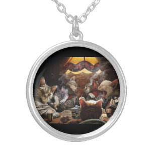 Cats playing poker silver plated necklace