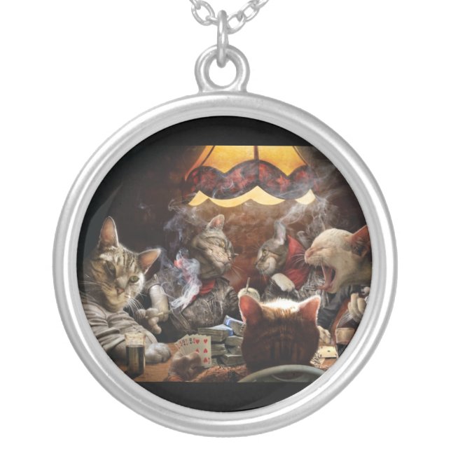 Cats playing poker  silver plated necklace (Front)