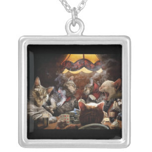 Cats playing poker silver plated necklace