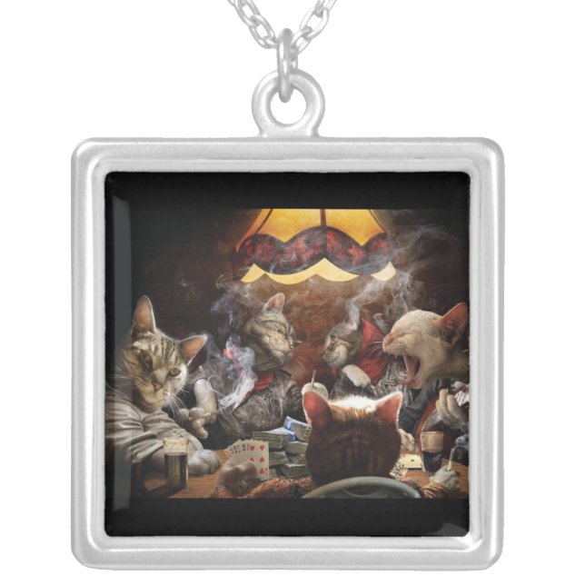 Cats playing poker silver plated necklace (Front)