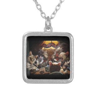 Cats playing poker silver plated necklace