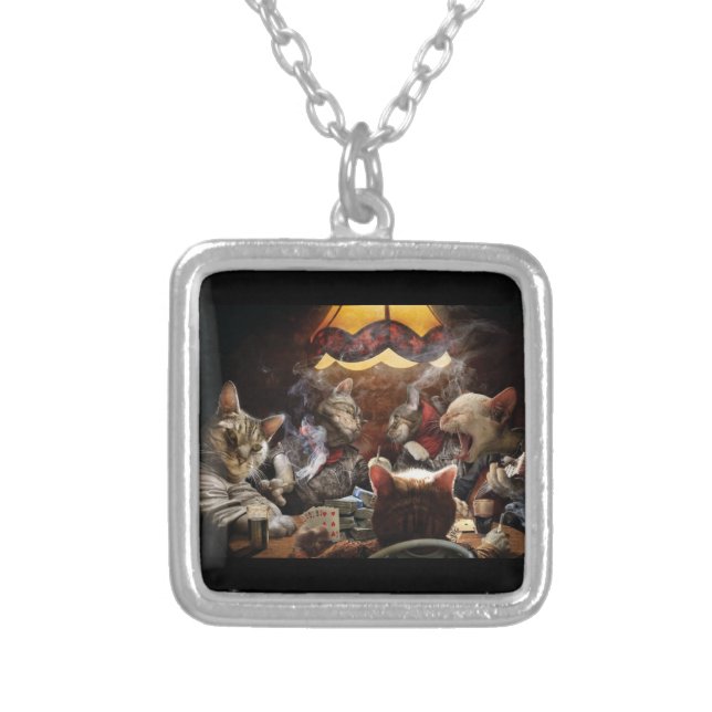 Cats playing poker  silver plated necklace (Front)