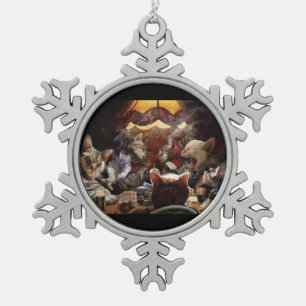 Cats playing poker snowflake pewter christmas ornament