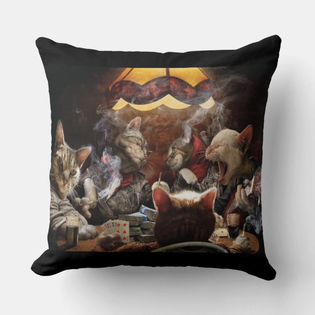 Cats playing poker  throw pillow (Front)