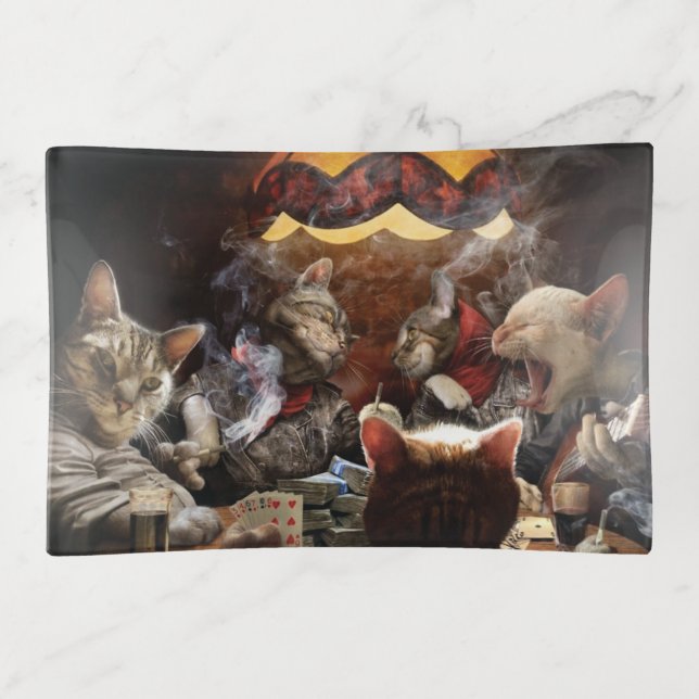Cats playing poker  trinket tray (Front)