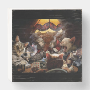 Cats playing poker wooden box sign
