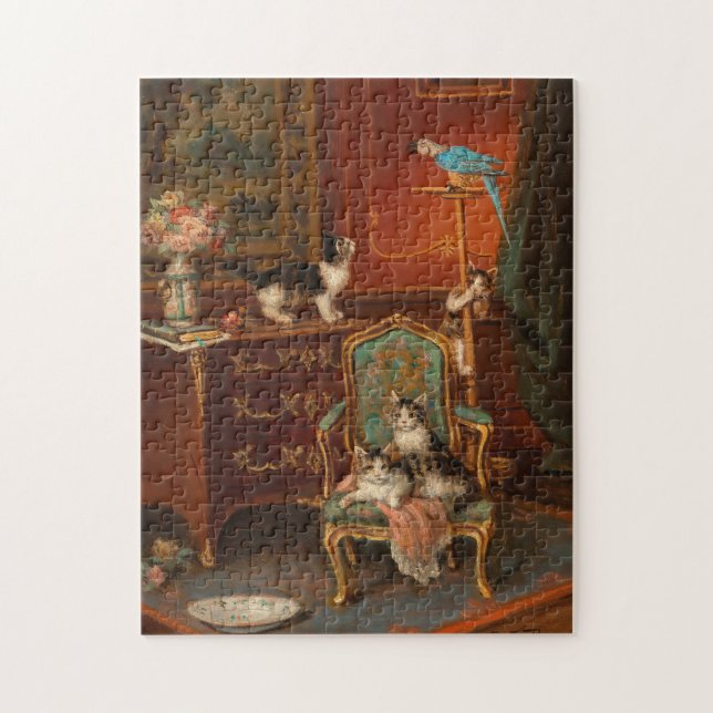 Cats Playing with a Parrot | Jules Le Roy Jigsaw Puzzle (Vertical)