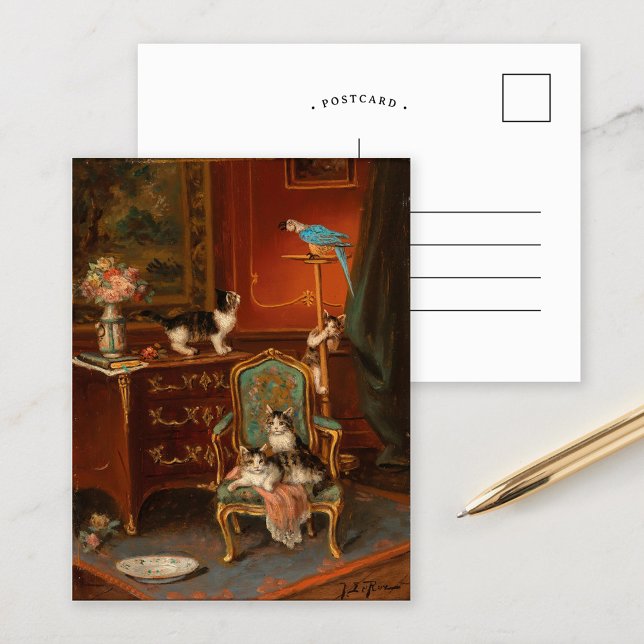 Cats Playing with a Parrot | Jules Le Roy Postcard (Creator Uploaded)