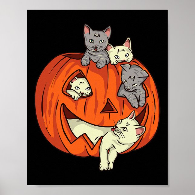 Cats Pumpkin Carved Jack O Lantern Cat Halloween C Poster (Front)