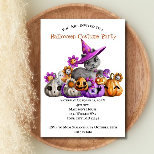Cats Pumpkins Purple Orange Kids Halloween Party Invitation