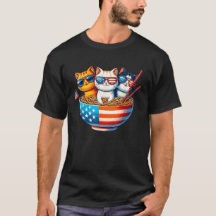 Cats Ramen Anime American Flag USA Funny 4th Of Ju T-Shirt