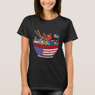 Cats Ramen Anime American Flag Usa Funny 4th Of Ju T-Shirt