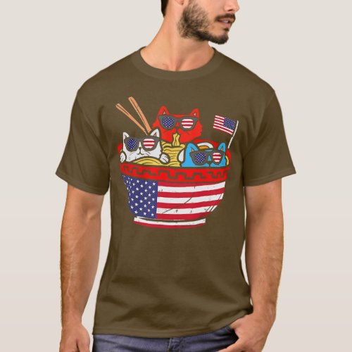 Cats Ramen Anime American Flag USA Funny 4th Of T_Shirt
