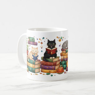 Cats Reading Books Cozy Library Scene Coffee Mug