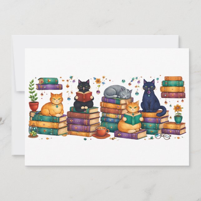 Cats Reading Books Cozy Library Scene Invitation (Front)