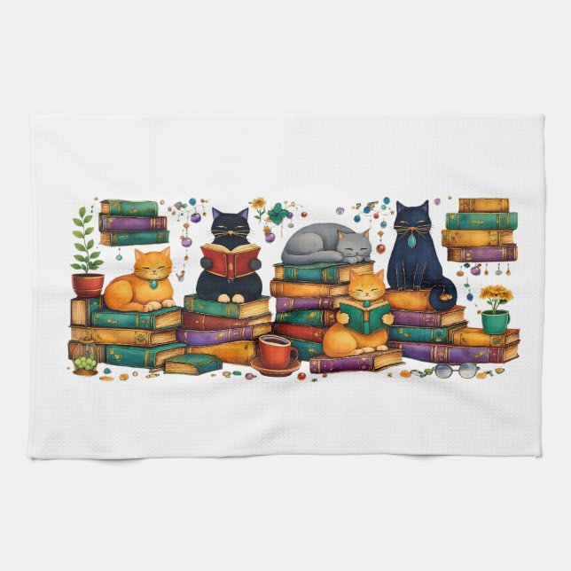 Cats Reading Books Cozy Library Scene Kitchen Towel (Horizontal)