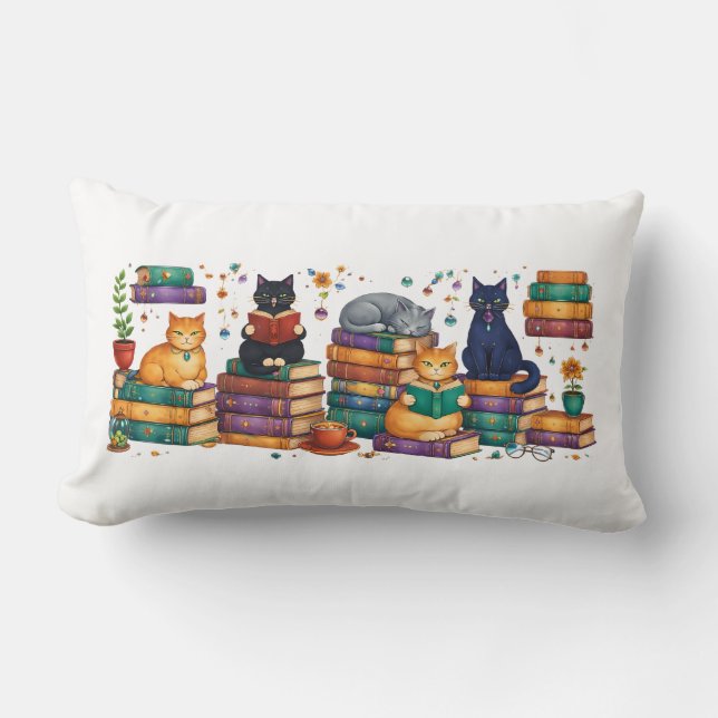 Cats Reading Books Cozy Library Scene Lumbar Pillow (Front)