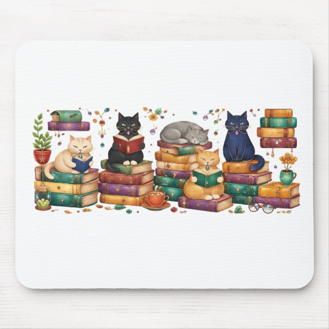 Cats Reading Books Cozy Library Scene Mouse Pad (Front)