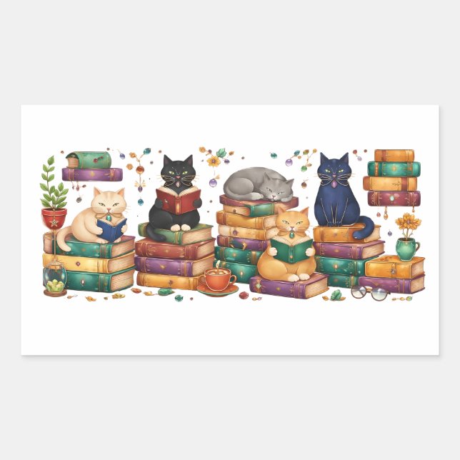 Cats Reading Books Cozy Library Scene Rectangular Sticker (Front)