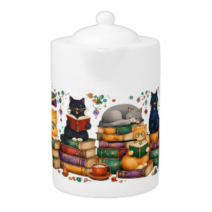 Cats Reading Books Cozy Library Scene Teapot