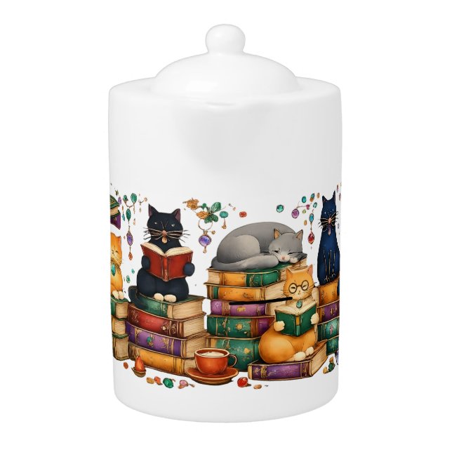 Cats Reading Books Cozy Library Scene Teapot (Front)