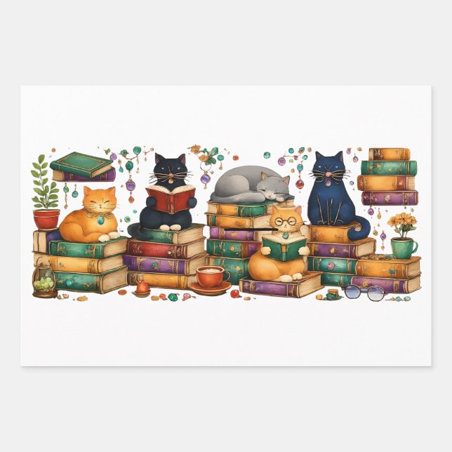 Cats Reading Books Cozy Library Scene Wrapping Paper Sheets (Front 3)