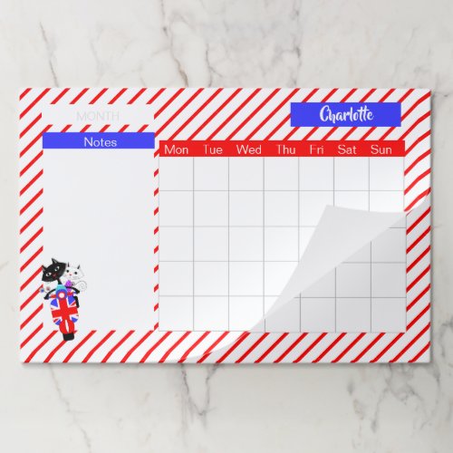 Cats Red White Blue  Personalized Monthly Calendar Paper Pad